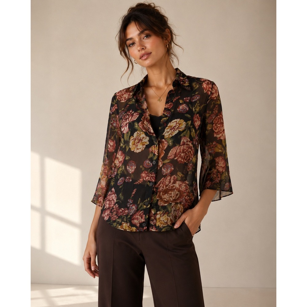 Cabi Button Up Blouse Womens XS Brown Floral 100% Silk Sheer Top Moody Romantic